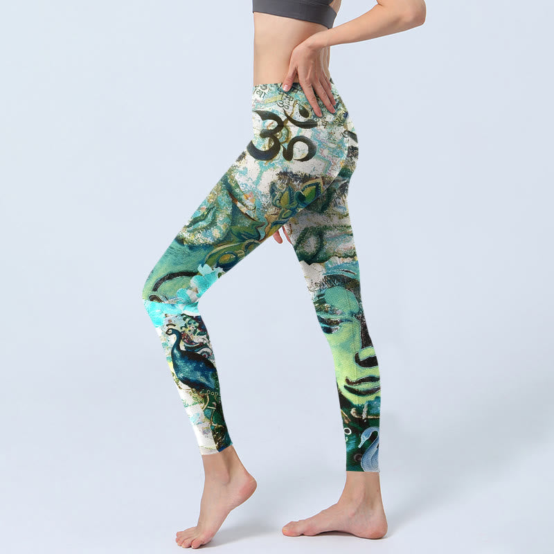 Nimara Ritual Om Symbol Human Figure Peacock Lotus Pattern Print Gym Leggings Women's Yoga Pants