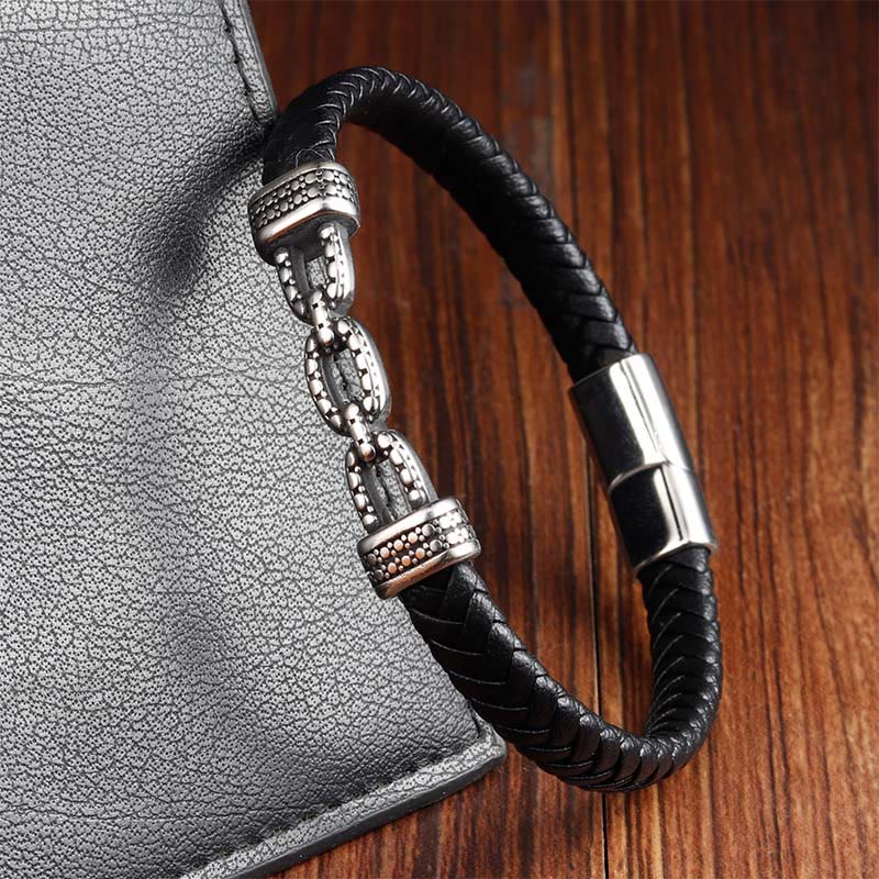 Nimara Ritual Handmade Chain Link Design Titanium Steel Leather Strengthen Bracelet