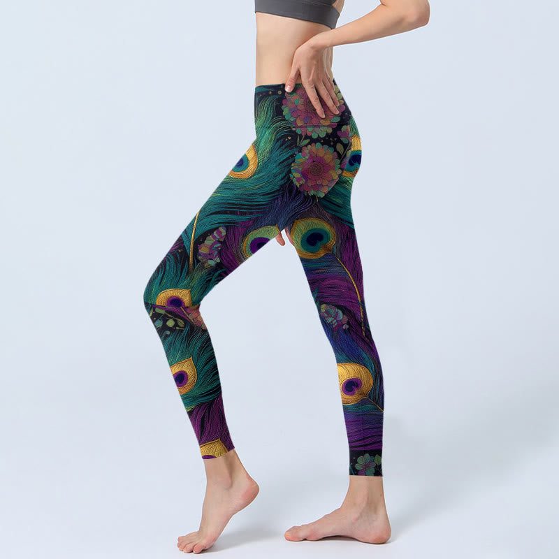 Nimara Ritual Gorgeous Peacock Feather Flower Pattern Print Gym Leggings Women's Yoga Pants