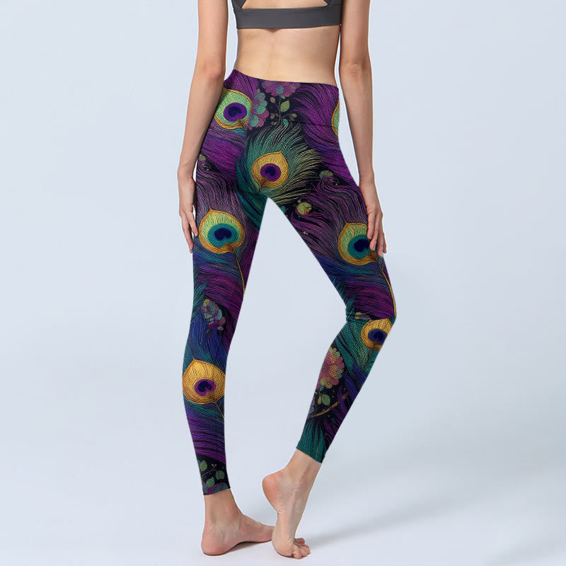 Nimara Ritual Gorgeous Peacock Feather Flower Pattern Print Gym Leggings Women's Yoga Pants