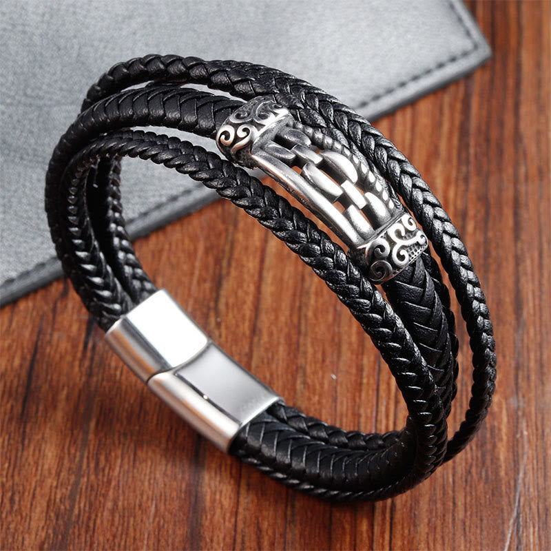 Nimara Ritual Chain Link Design Titanium Steel Multi-layer Leather Balance Braided Bracelet