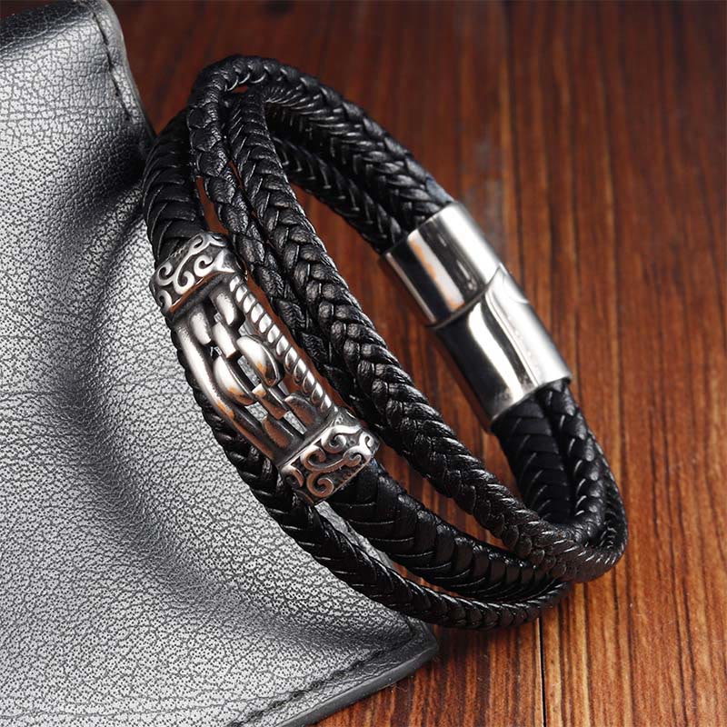 Nimara Ritual Chain Link Design Titanium Steel Multi-layer Leather Balance Braided Bracelet