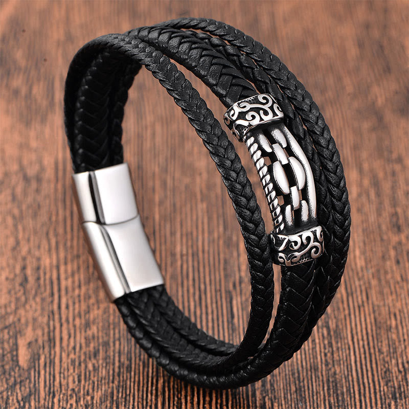 Nimara Ritual Chain Link Design Titanium Steel Multi-layer Leather Balance Braided Bracelet