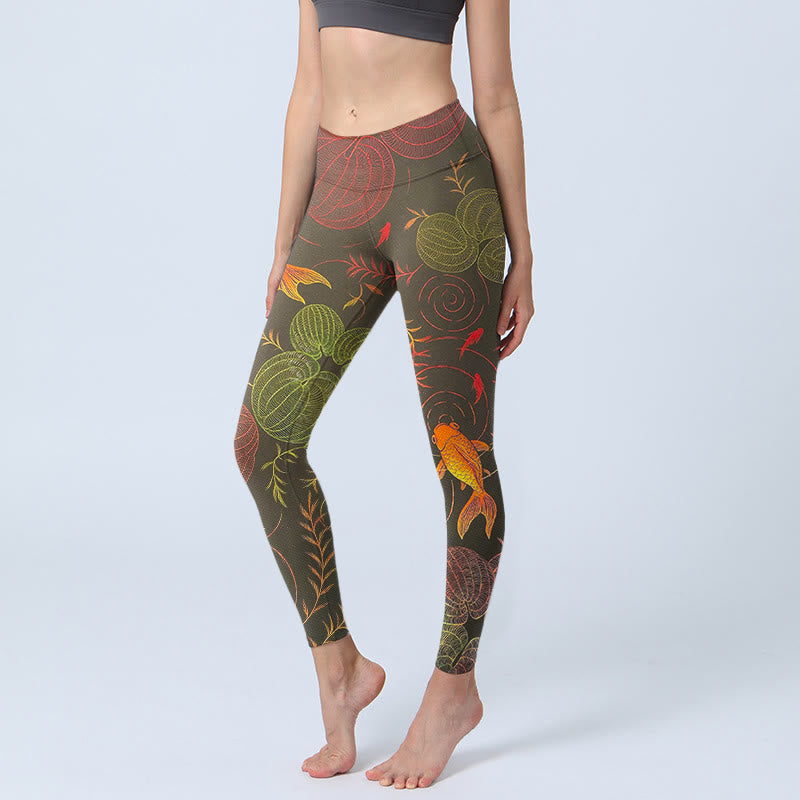 Nimara Ritual Colorful Koi Fish Water Ripples Plant Pattern Print Gym Leggings Women's Yoga Pants