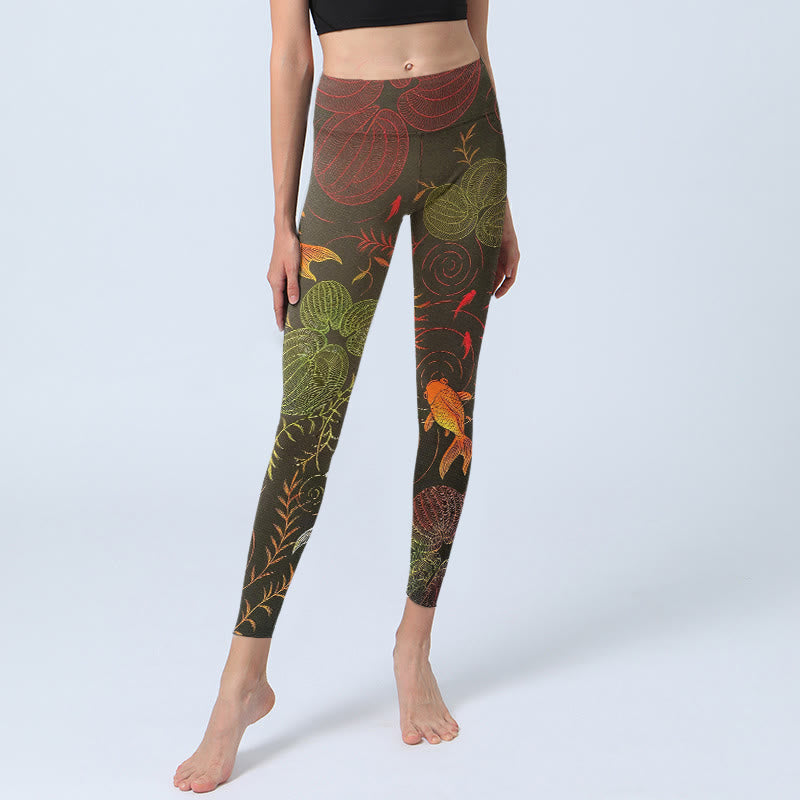 Nimara Ritual Colorful Koi Fish Water Ripples Plant Pattern Print Gym Leggings Women's Yoga Pants