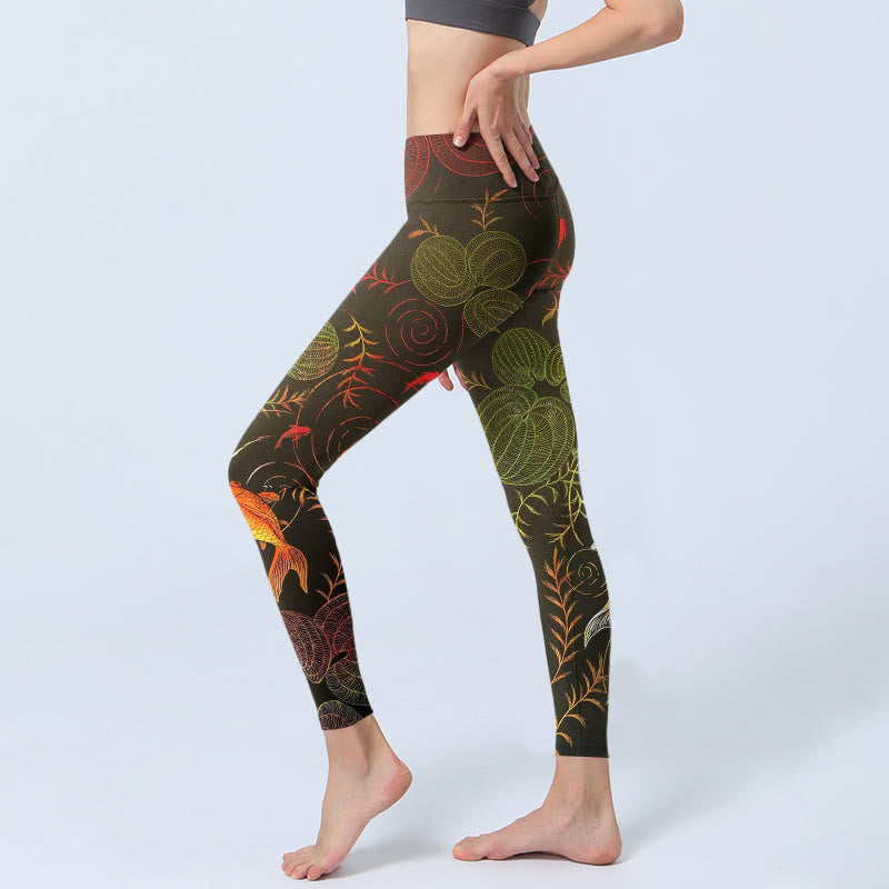 Nimara Ritual Colorful Koi Fish Water Ripples Plant Pattern Print Gym Leggings Women's Yoga Pants