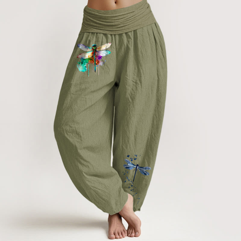 Nimara Ritual Pure Cotton Dreamy Dragonfly Pattern Women's Elastic Waist Harem Pants