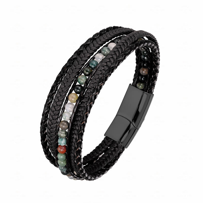 Nimara Ritual Hematite Indian Agate Tiger Eye Amazonite Beaded Leather Strengthen Bracelet