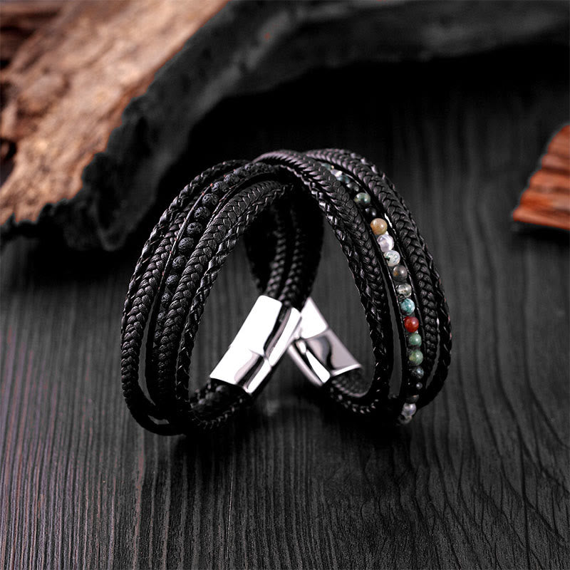 Nimara Ritual Hematite Indian Agate Tiger Eye Amazonite Beaded Leather Strengthen Bracelet