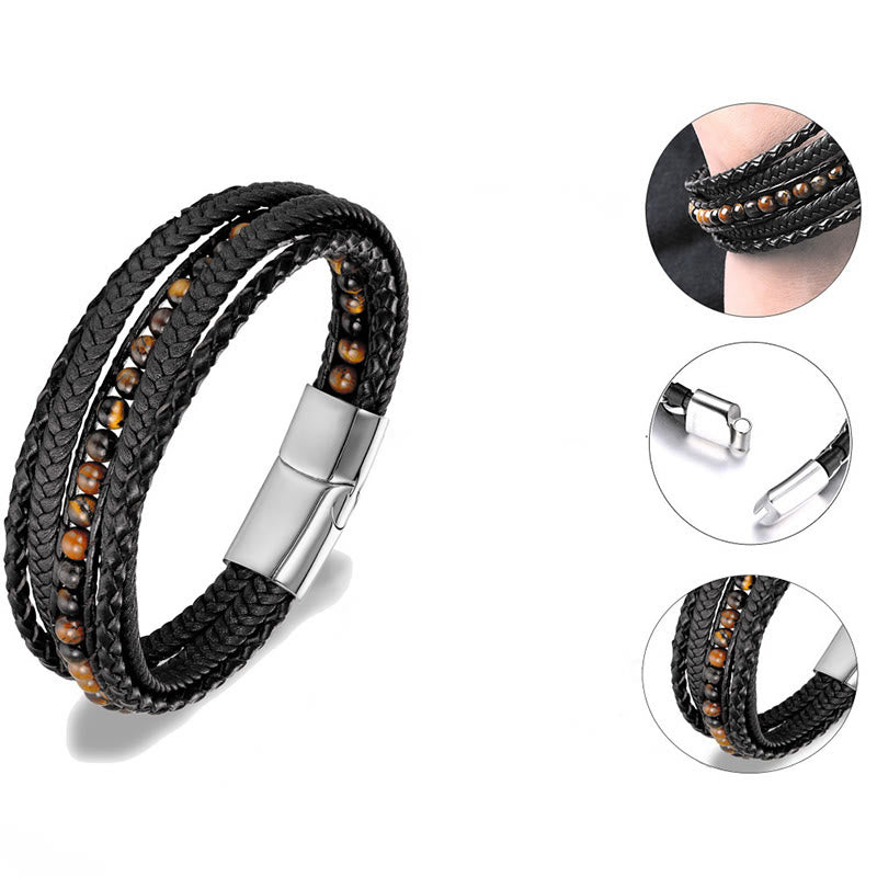 Nimara Ritual Hematite Indian Agate Tiger Eye Amazonite Beaded Leather Strengthen Bracelet