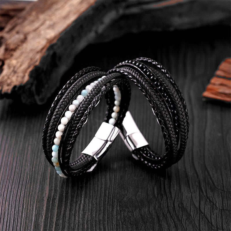 Nimara Ritual Hematite Indian Agate Tiger Eye Amazonite Beaded Leather Strengthen Bracelet