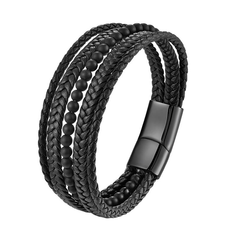 Nimara Ritual Matte Frosting Black Onyx Leather Fortune Multilayered Braided Bracelet