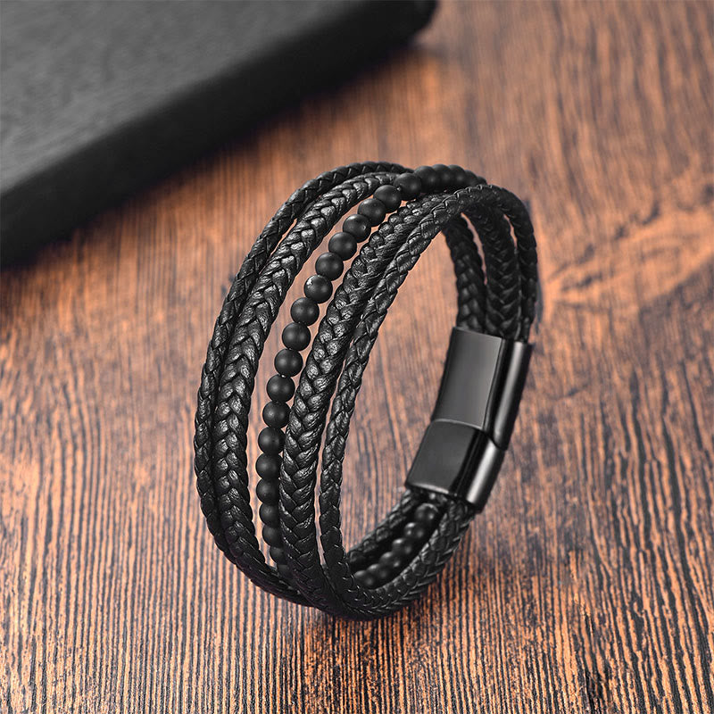 Nimara Ritual Matte Frosting Black Onyx Leather Fortune Multilayered Braided Bracelet