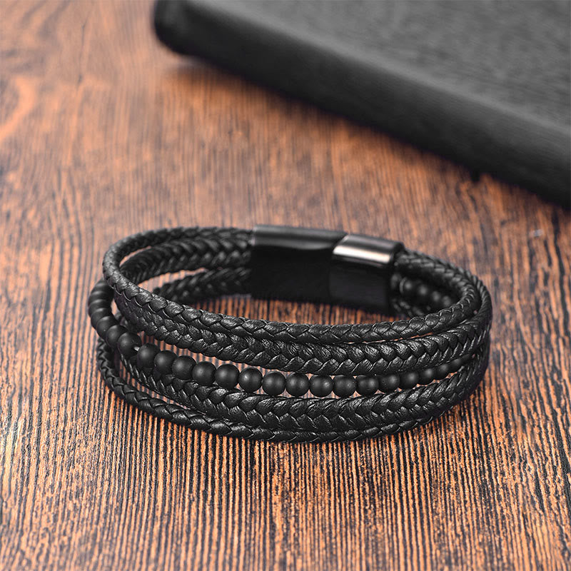 Nimara Ritual Matte Frosting Black Onyx Leather Fortune Multilayered Braided Bracelet