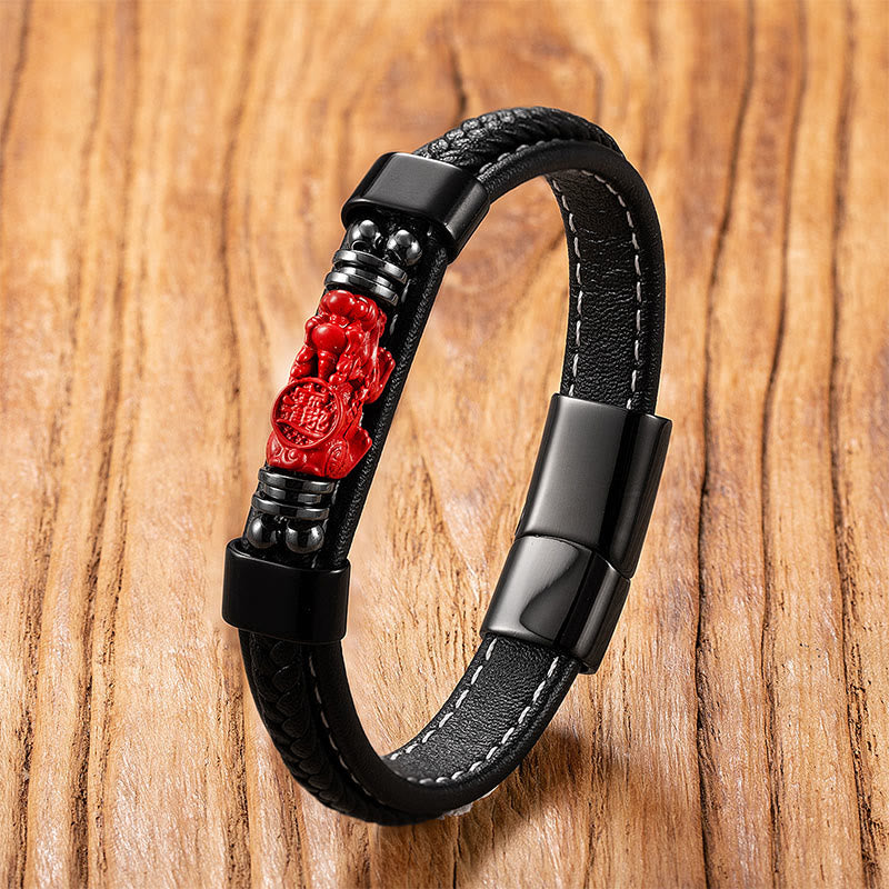 Nimara Ritual Cinnabar Buddha Symbol Koi Fish Dragon Fu Character Pi Xiu Design Leather Blessing Bracelet