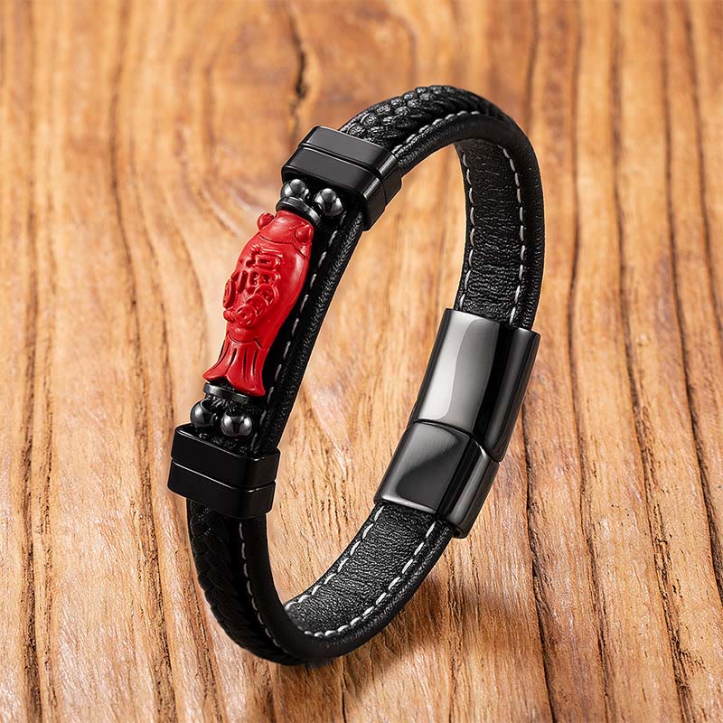 Nimara Ritual Cinnabar Buddha Symbol Koi Fish Dragon Fu Character Pi Xiu Design Leather Blessing Bracelet