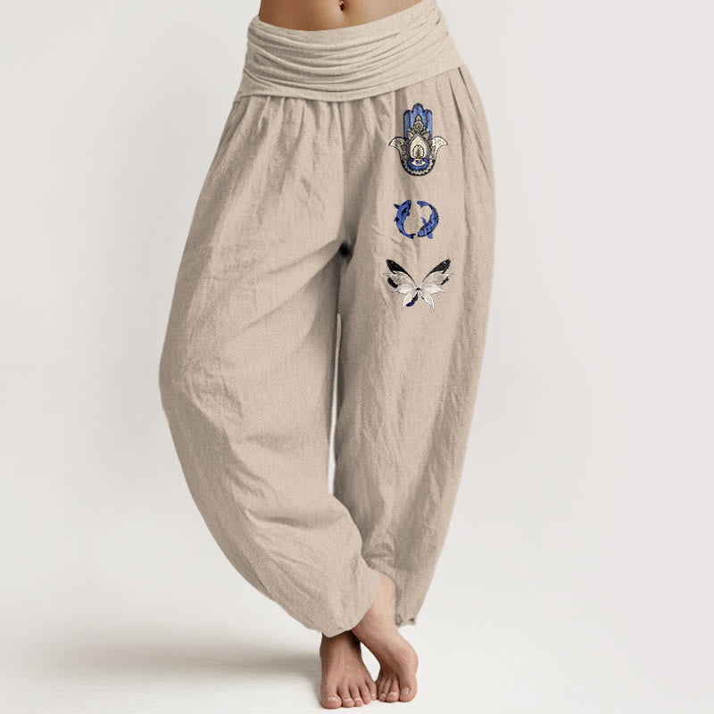 Nimara Ritual Pure Cotton Hamsa's Hand Koi Fish Butterfly Pattern Women's Elastic Waist Harem Pants