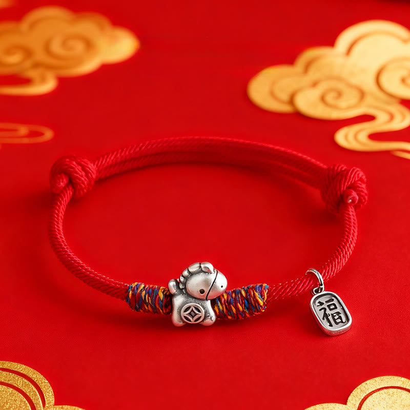 Nimara Ritual 999 Sterling Silver Year Of The Horse Fu Character Attract Fortune String Rope Luck Bracelet