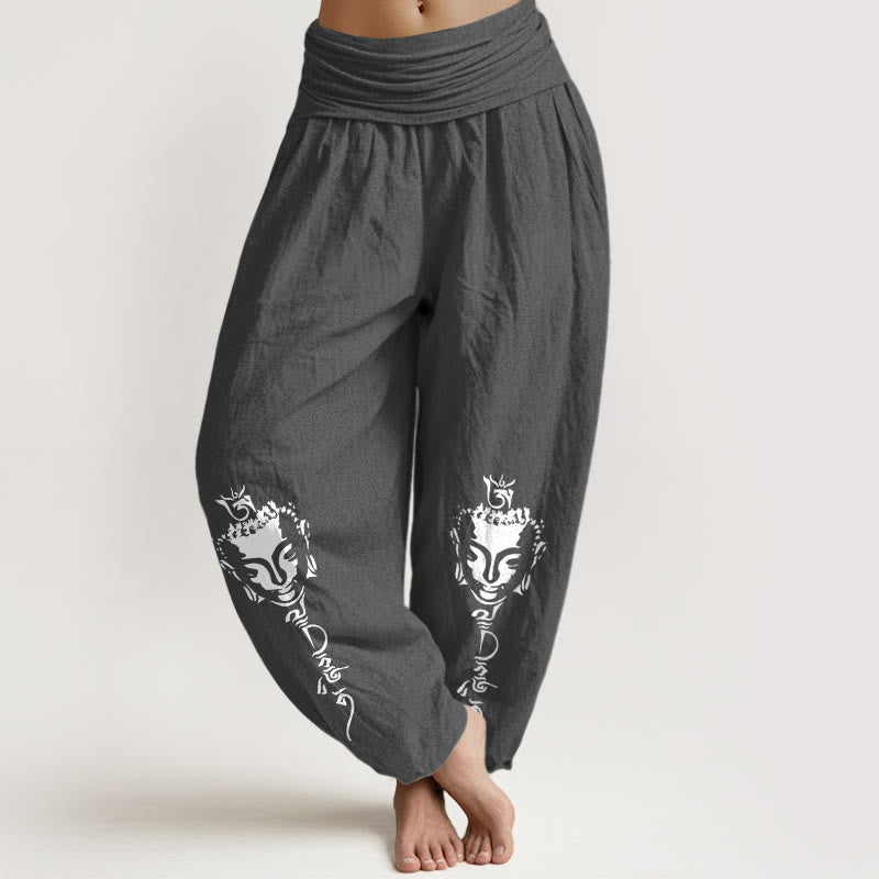 Nimara Ritual Pure Cotton Concise Om Symbol Buddha Pattern Women's Elastic Waist Harem Pants