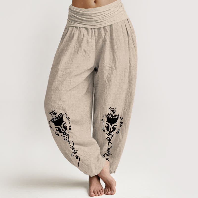 Nimara Ritual Pure Cotton Concise Om Symbol Buddha Pattern Women's Elastic Waist Harem Pants
