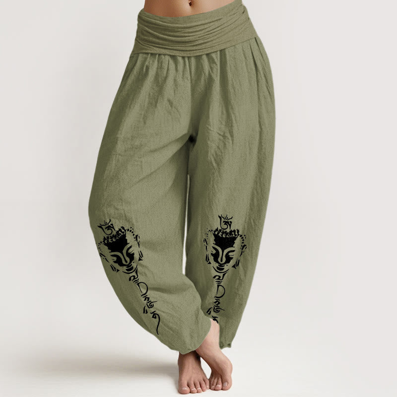 Nimara Ritual Pure Cotton Concise Om Symbol Buddha Pattern Women's Elastic Waist Harem Pants