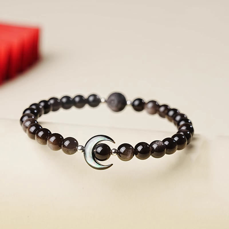 Nimara Ritual Moon Design Natural Silver Sheen Obsidian Protection Beaded Bracelet