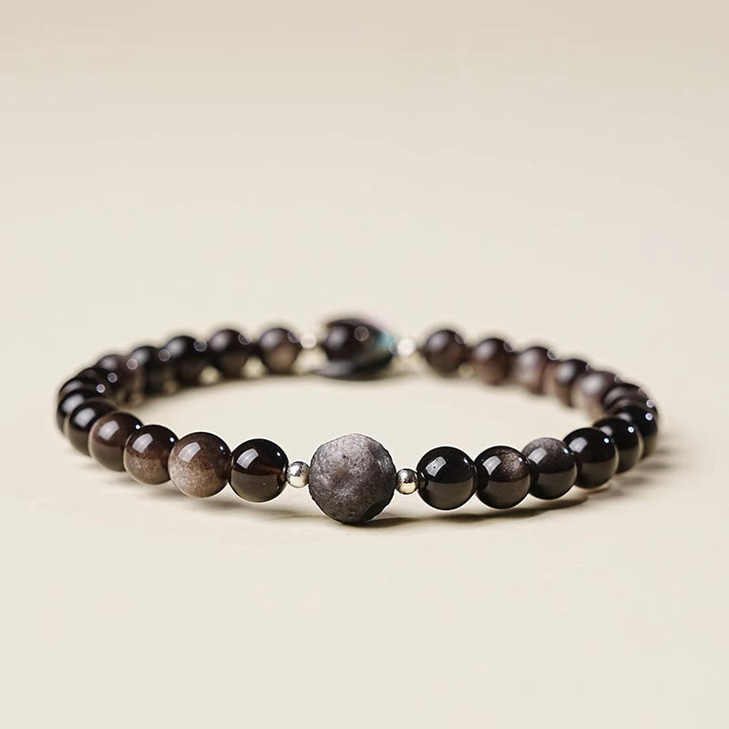 Nimara Ritual Moon Design Natural Silver Sheen Obsidian Protection Beaded Bracelet