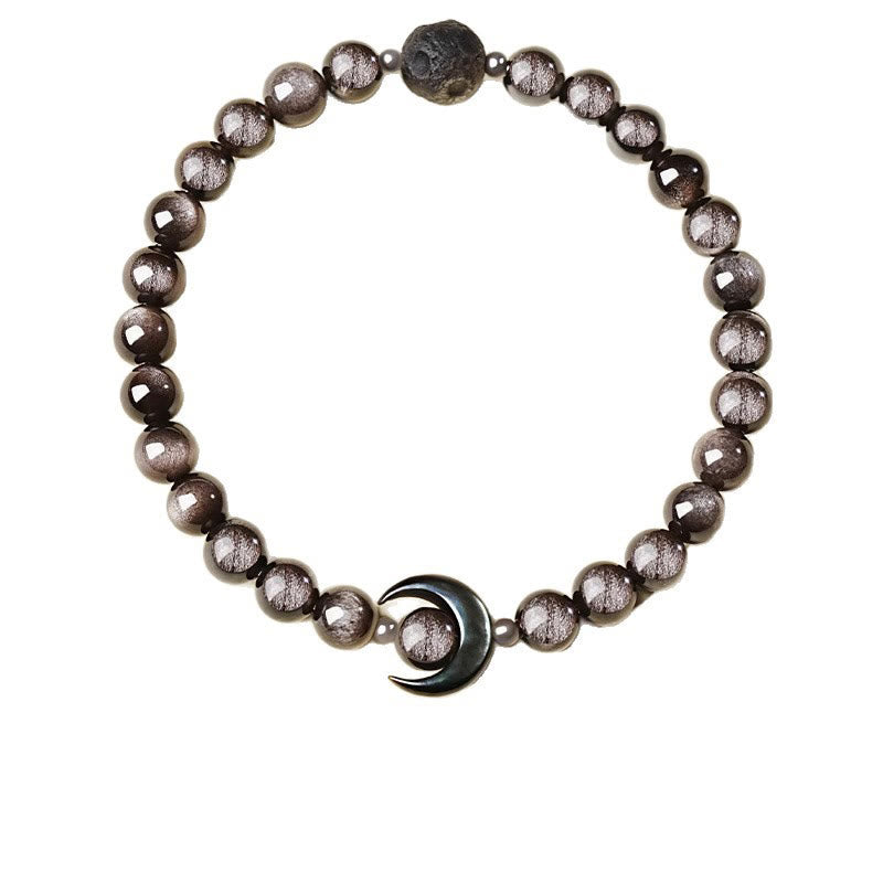 Nimara Ritual Moon Design Natural Silver Sheen Obsidian Protection Beaded Bracelet