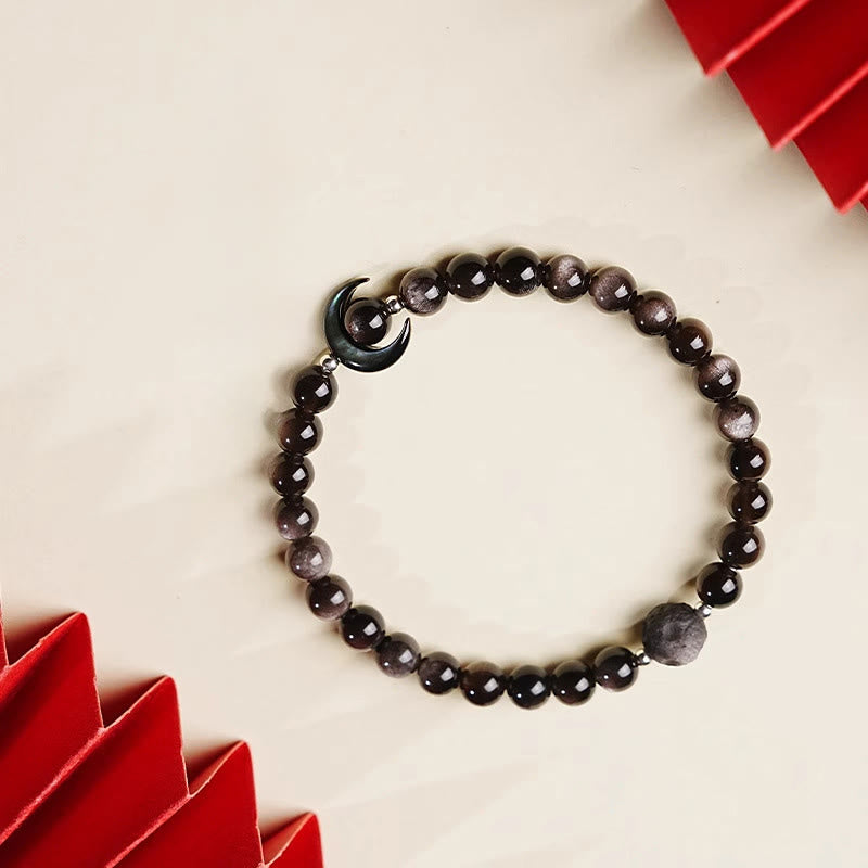 Nimara Ritual Moon Design Natural Silver Sheen Obsidian Protection Beaded Bracelet