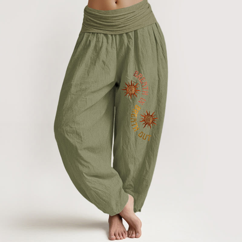 Nimara Ritual Pure Cotton Warm Tones Sun English Phrases Pattern Women's Elastic Waist Harem Pants