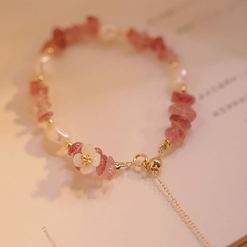 Nimara Ritual White Flower Pearl Natural Irregular Strawberry Quartz Healing Chain Bracelet