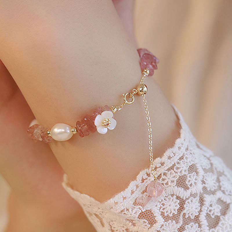 Nimara Ritual White Flower Pearl Natural Irregular Strawberry Quartz Healing Chain Bracelet