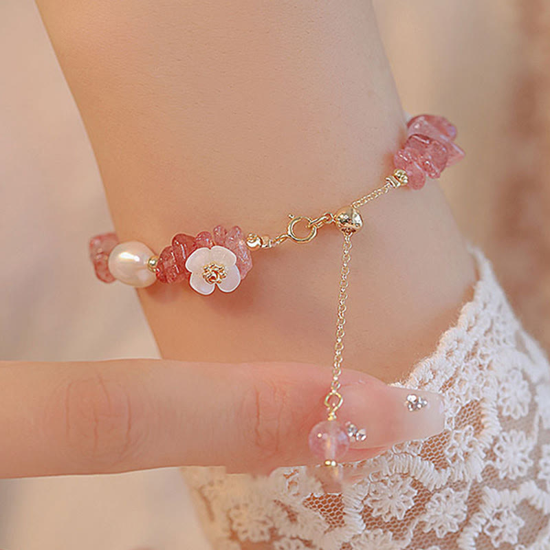 Nimara Ritual White Flower Pearl Natural Irregular Strawberry Quartz Healing Chain Bracelet