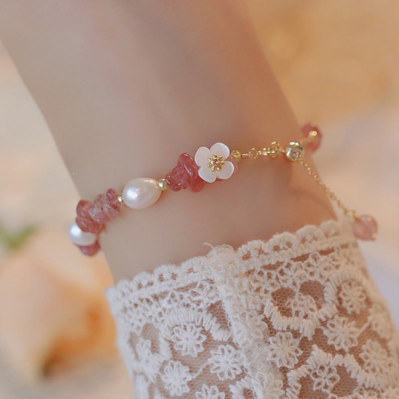 Nimara Ritual White Flower Pearl Natural Irregular Strawberry Quartz Healing Chain Bracelet