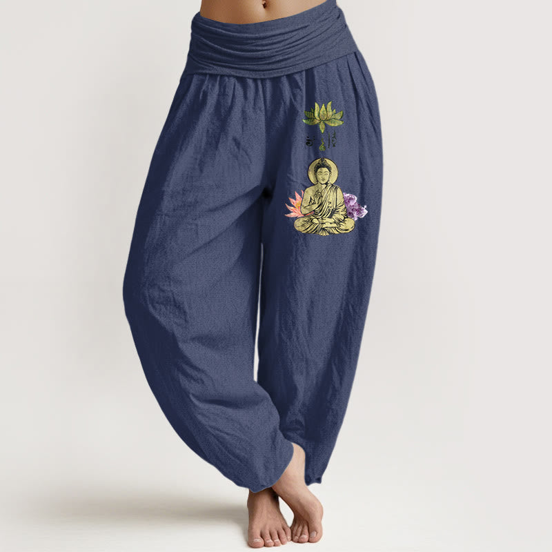 Nimara Ritual Pure Cotton Traditional Lotus Buddha Pattern Women's Elastic Waist Harem Pants