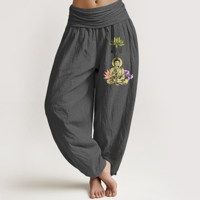 Nimara Ritual Pure Cotton Traditional Lotus Buddha Pattern Women's Elastic Waist Harem Pants