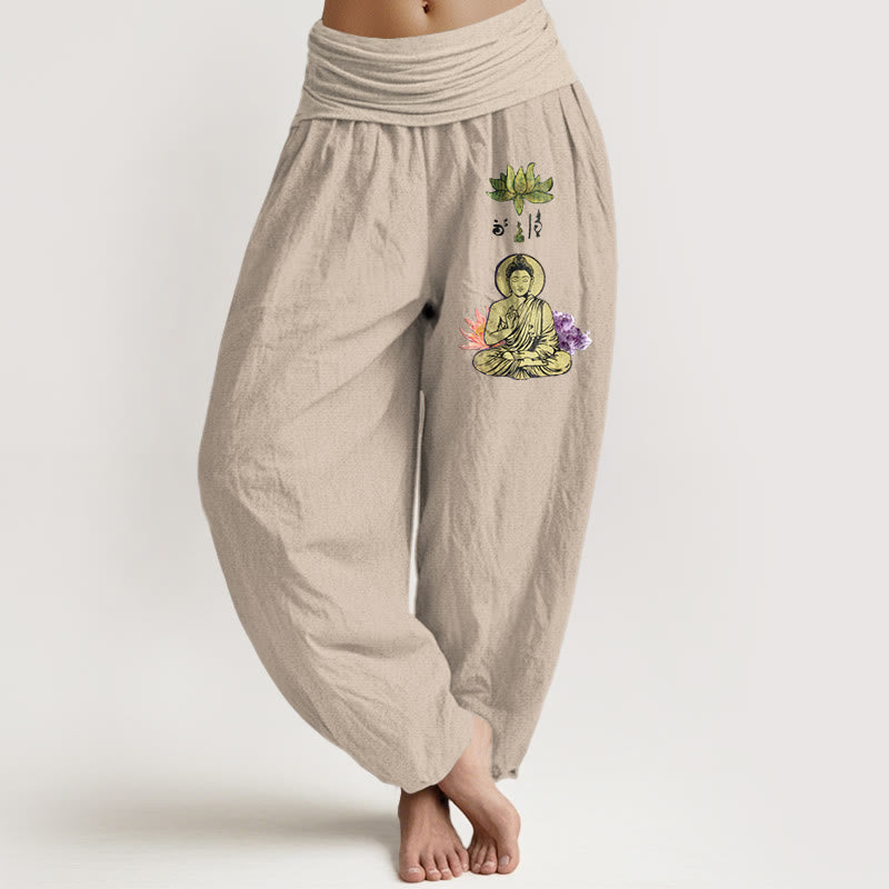 Nimara Ritual Pure Cotton Traditional Lotus Buddha Pattern Women's Elastic Waist Harem Pants