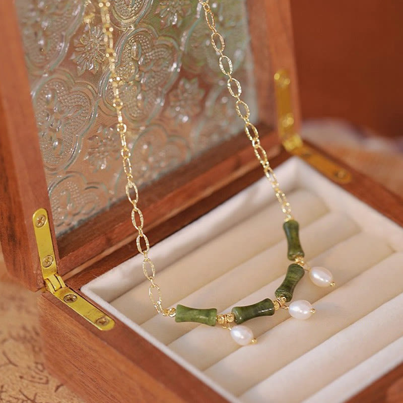Nimara Ritual Tianshan Jade Bamboo Pearl Abundance Wealth Necklace Pendant