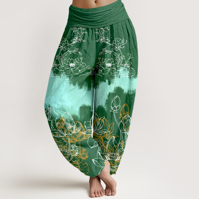 Nimara Ritual Cotton Colorful Lotus Pattern Women's Elastic Waist Harem Pants