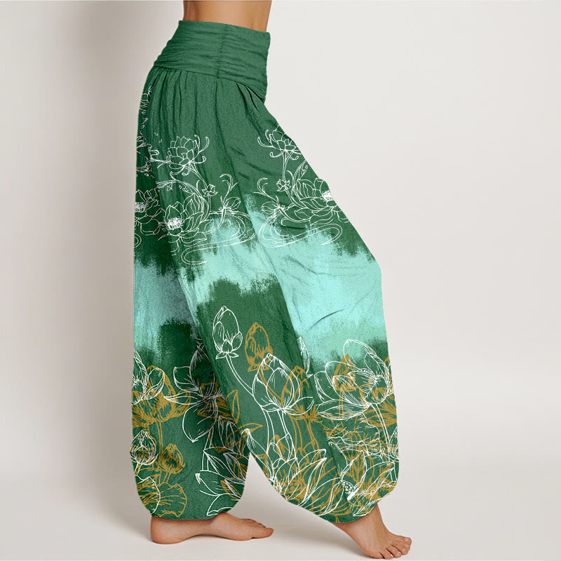 Nimara Ritual Cotton Colorful Lotus Pattern Women's Elastic Waist Harem Pants