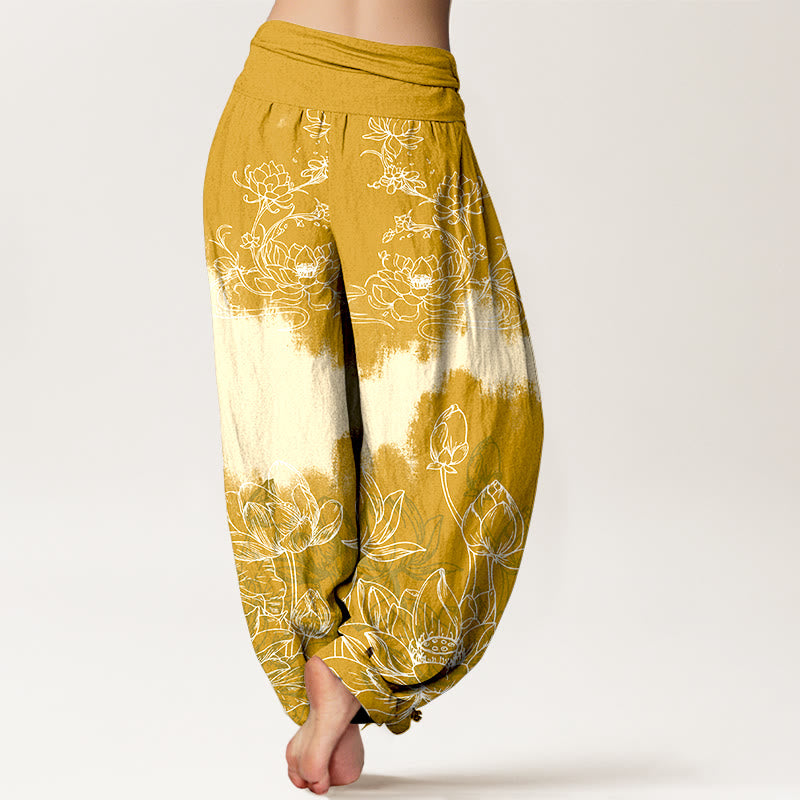 Nimara Ritual Cotton Colorful Lotus Pattern Women's Elastic Waist Harem Pants