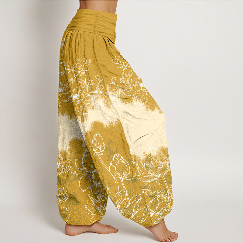 Nimara Ritual Cotton Colorful Lotus Pattern Women's Elastic Waist Harem Pants