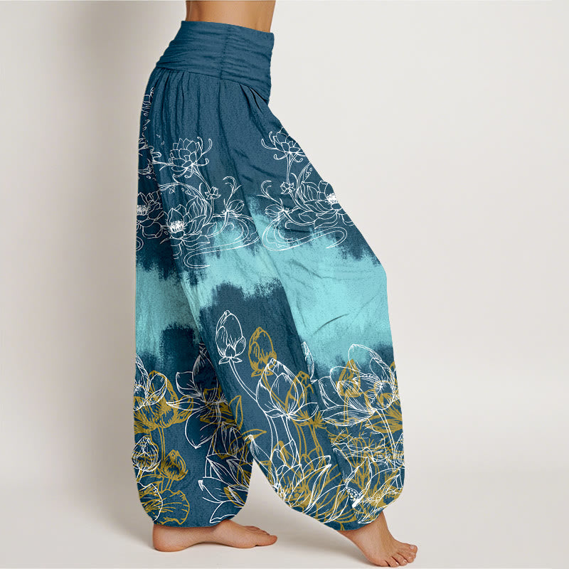 Nimara Ritual Cotton Colorful Lotus Pattern Women's Elastic Waist Harem Pants