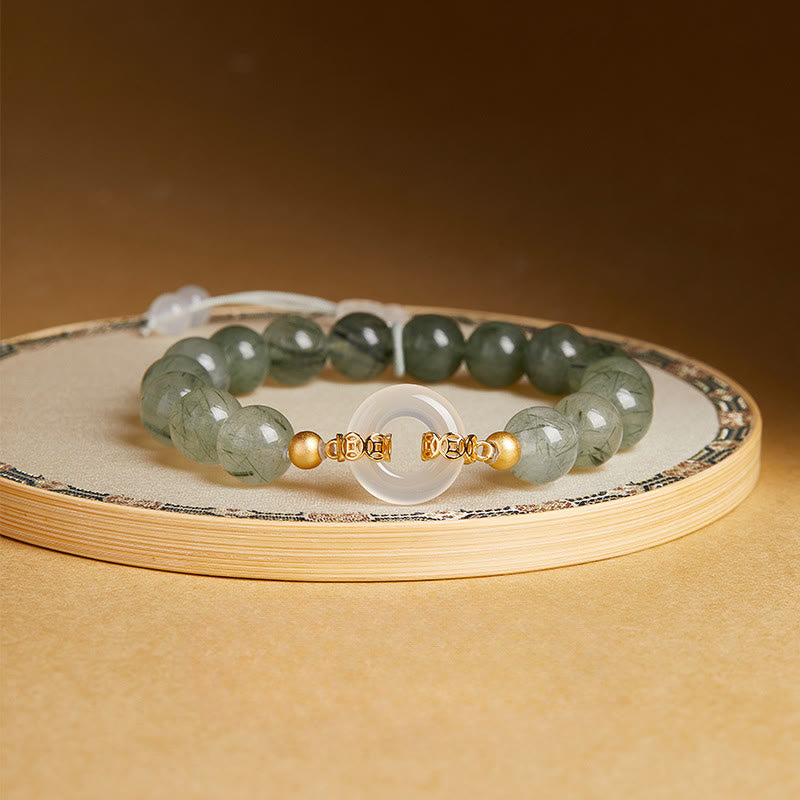 Nimara Ritual 925 Sterling Silver Green Rutilated Quartz White Chalcedony Peace Buckle Courage Bracelet