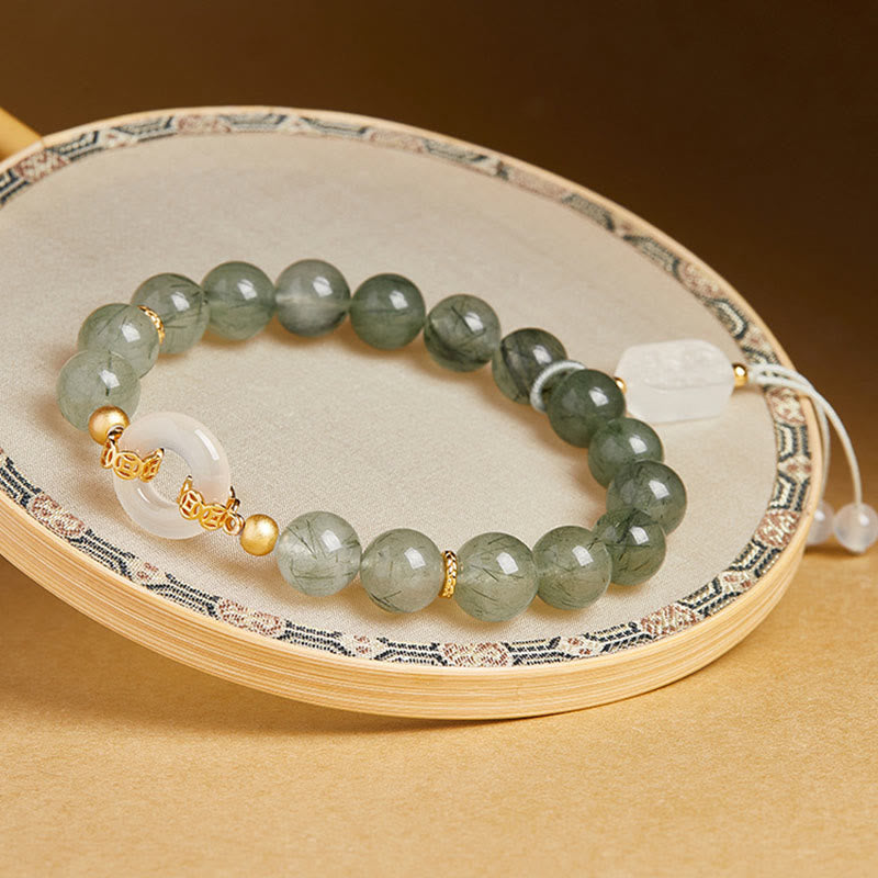 Nimara Ritual 925 Sterling Silver Green Rutilated Quartz White Chalcedony Peace Buckle Courage Bracelet