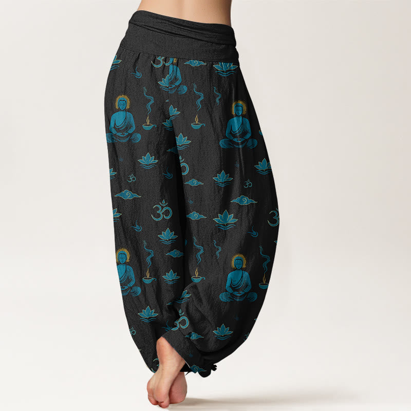Nimara Ritual Cotton Om Symbol Lotus Cloud Buddha Pattern Women's Elastic Waist Harem Pants