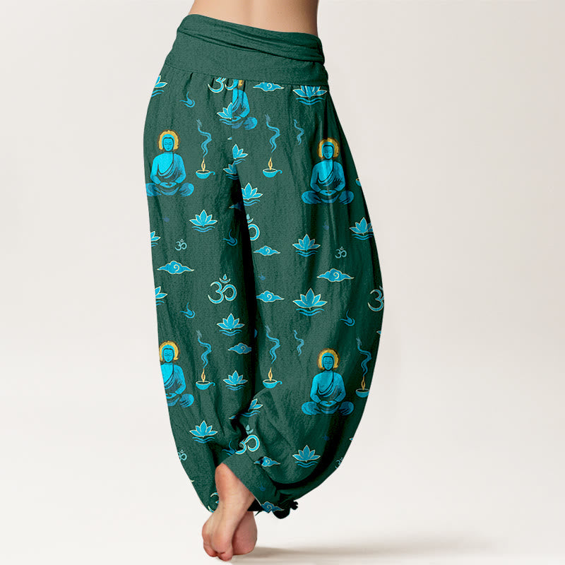 Nimara Ritual Cotton Om Symbol Lotus Cloud Buddha Pattern Women's Elastic Waist Harem Pants