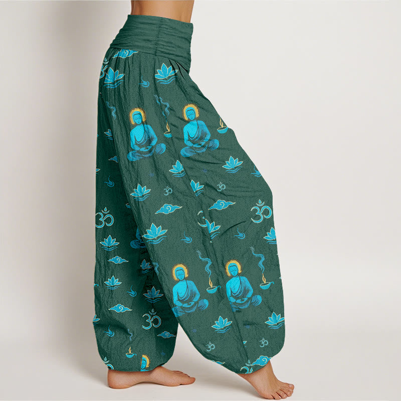 Nimara Ritual Cotton Om Symbol Lotus Cloud Buddha Pattern Women's Elastic Waist Harem Pants