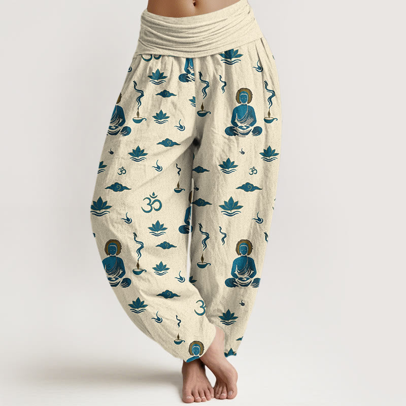 Nimara Ritual Cotton Om Symbol Lotus Cloud Buddha Pattern Women's Elastic Waist Harem Pants