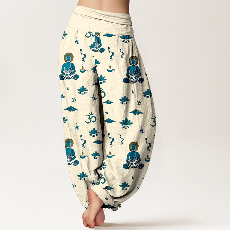 Nimara Ritual Cotton Om Symbol Lotus Cloud Buddha Pattern Women's Elastic Waist Harem Pants
